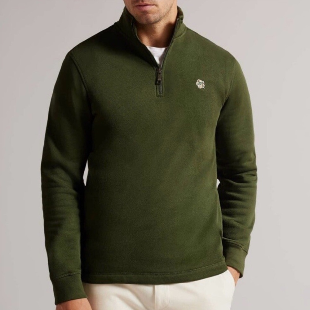 Ted Baker London Quarter Zip Sweatshirt flower Logo Olive green Men's Size 3